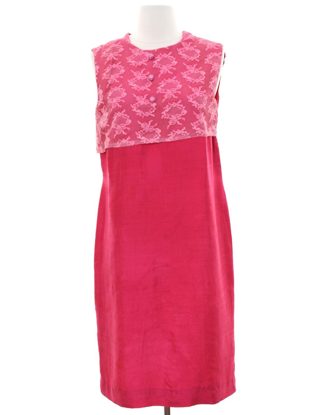 Vintage 1960s Pink Silk Lace Shift Dress Rhinestone Buttons Women's Small
